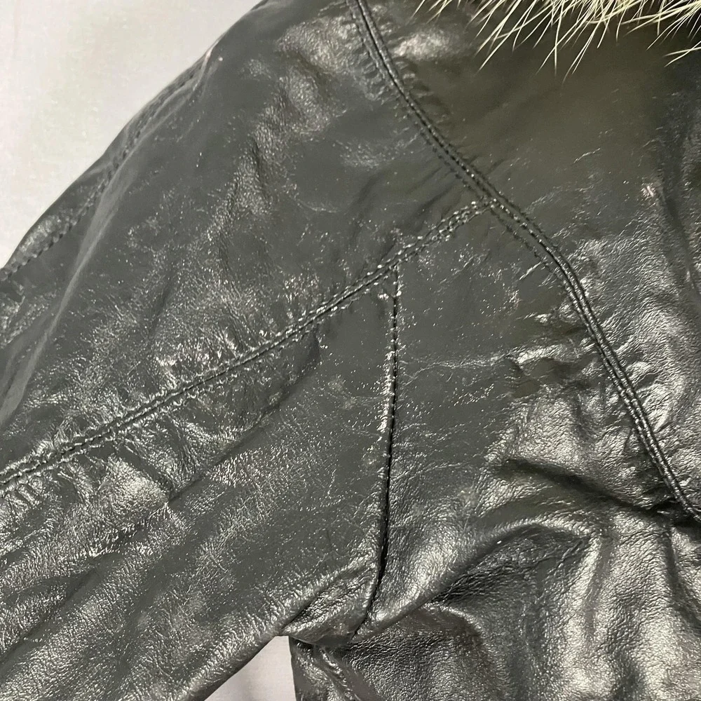 Casablanca Leather Jacket Womens 8 Black Genuine Fur‎ Trim Hooded Crop Bomber